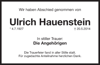 Traueranzeige von Ulrich Hauenstein von Pegnitz-Zeitung